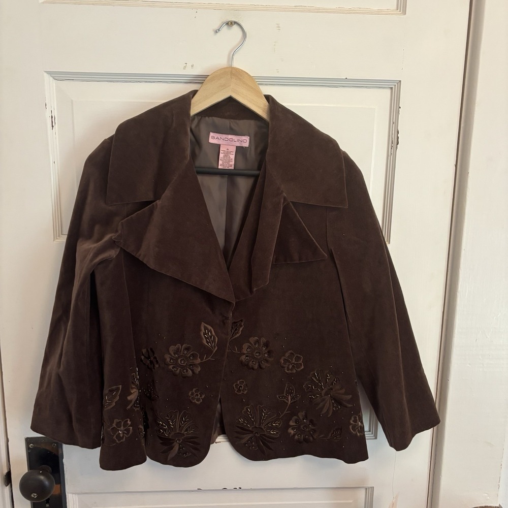 Bandolino Women's Brown Velour Floral Embroidered Beaded Jacket Y2K Size 4 New